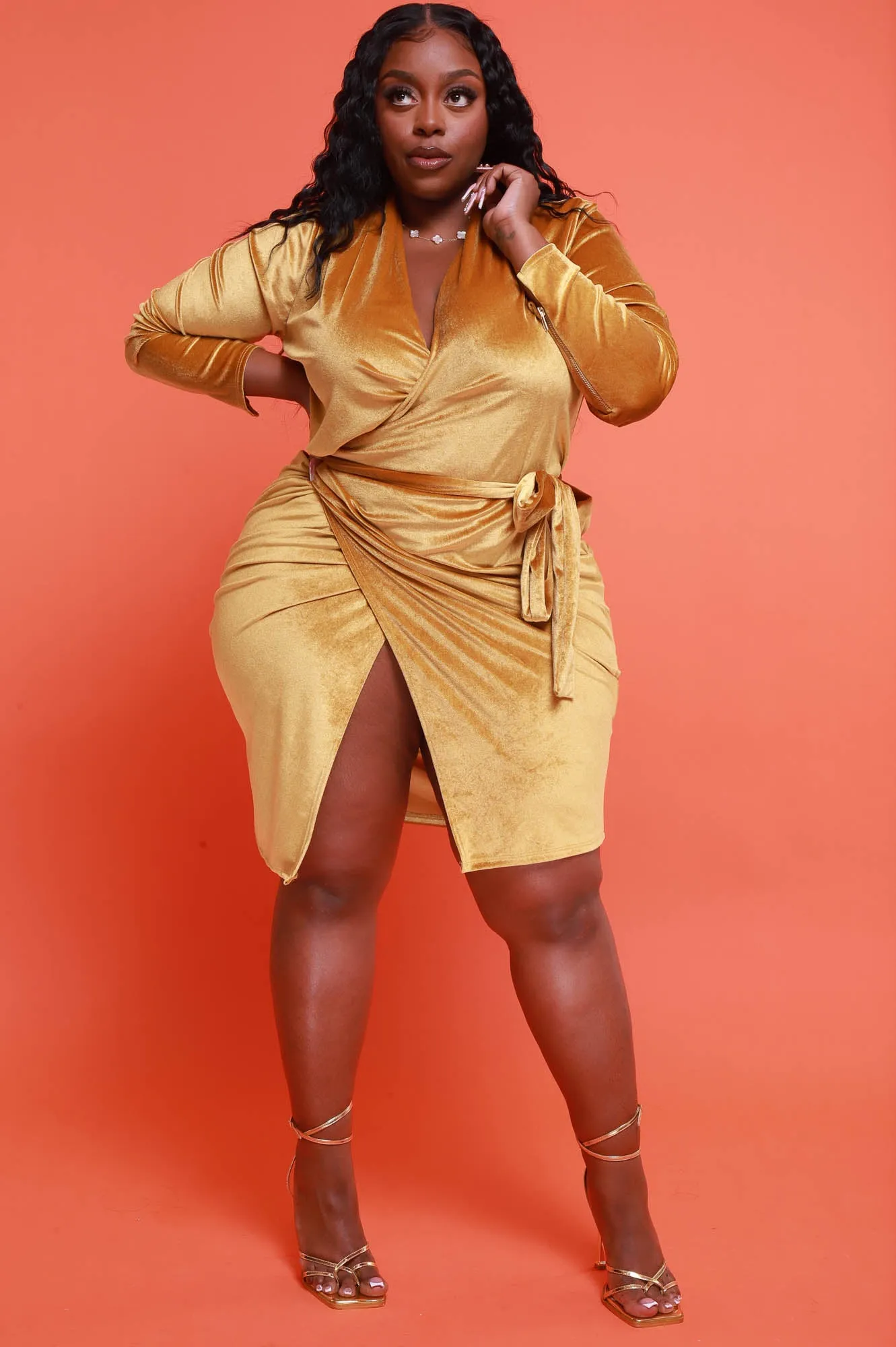 Coming Or Going Velvet Midi Wrap Dress - Mustard sold by Swankaposh product image thumbnail 2