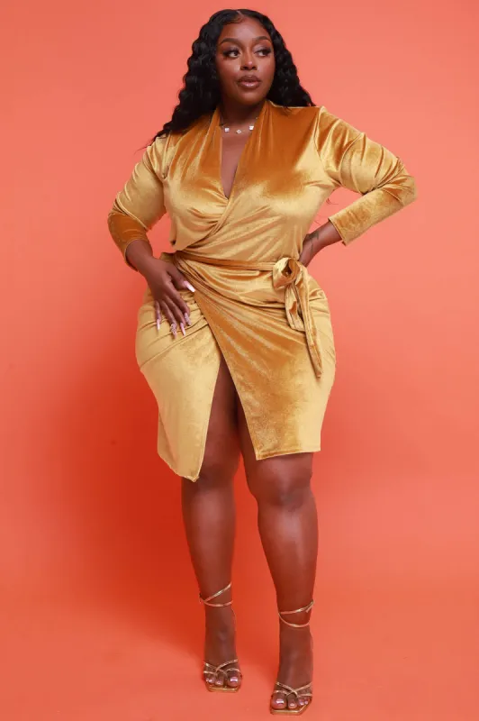 Coming Or Going Velvet Midi Wrap Dress - Mustard sold by Swankaposh
