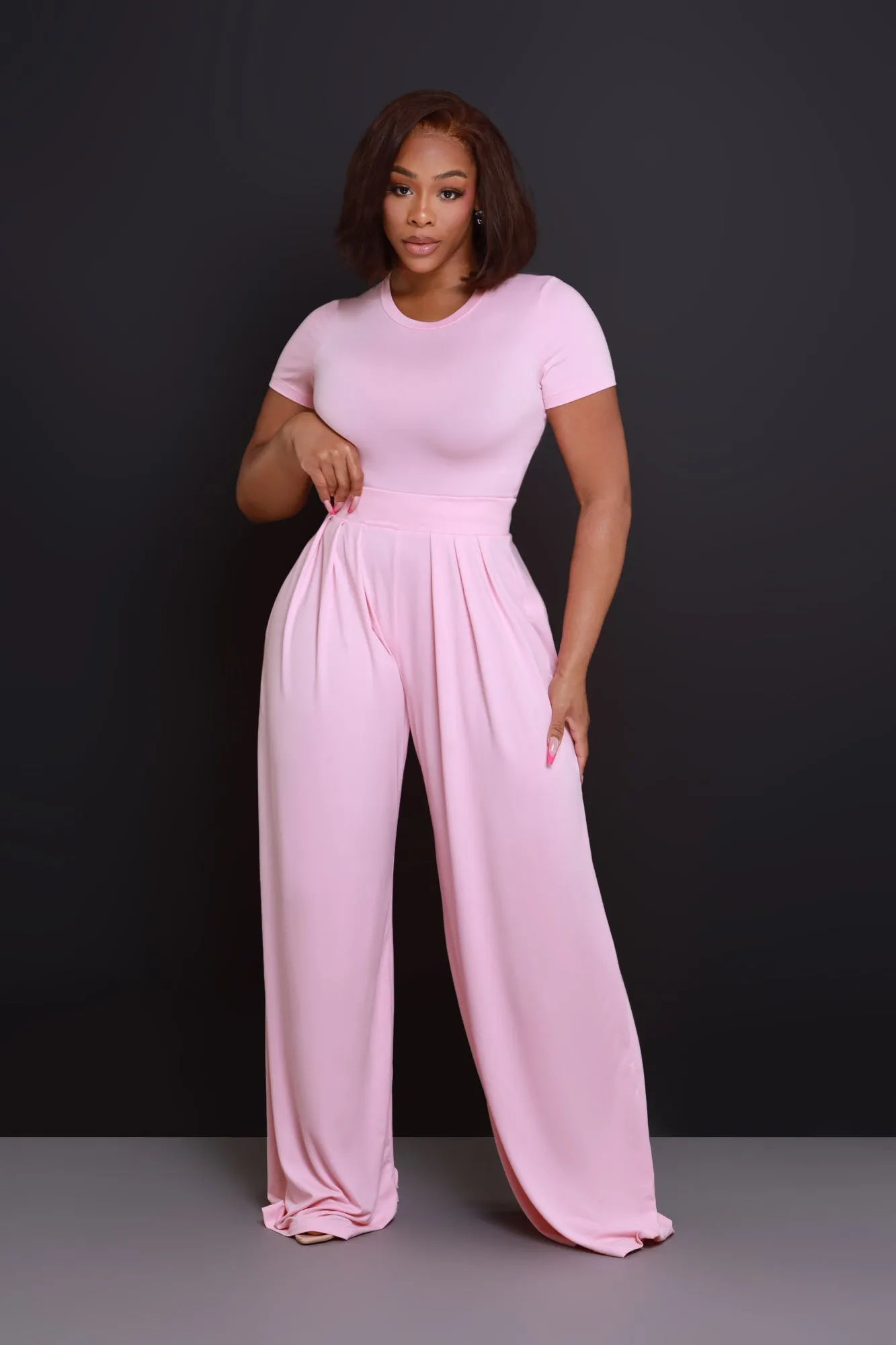 Full Attention Short Sleeve Palazzo Pants Set - Powder Pink sold by Swankaposh