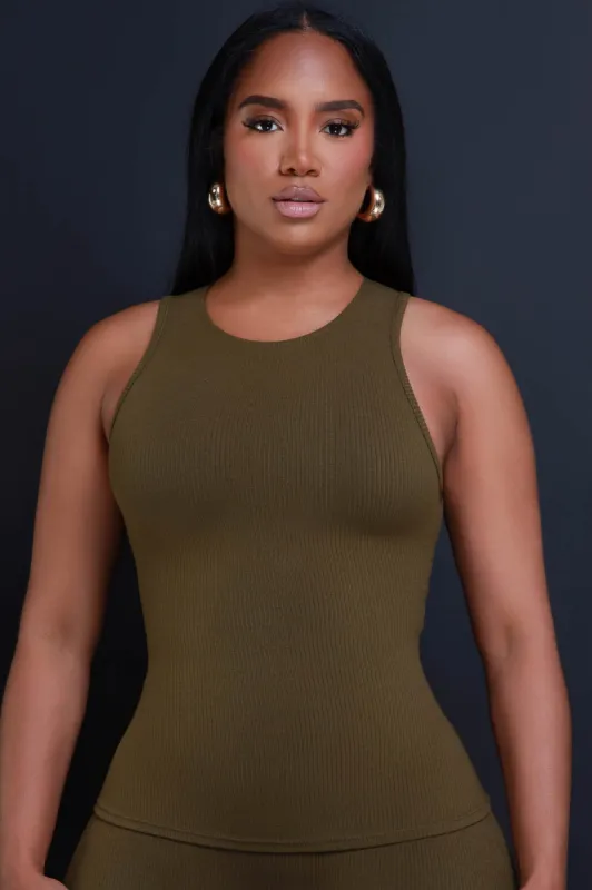 Top Of The Line Cellulite Deleter Sleeveless Ribbed Top - Olive sold by Swankaposh