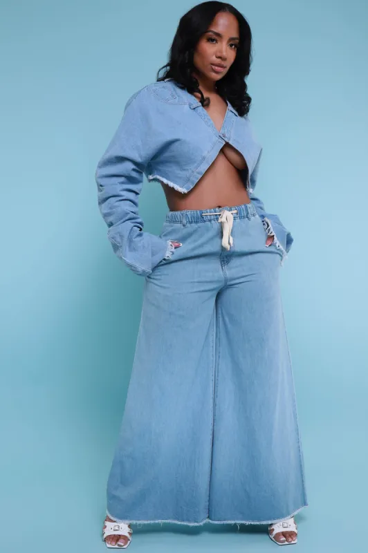 New Obsession High Rise Denim Palazzo Pants - Light Wash sold by Swankaposh