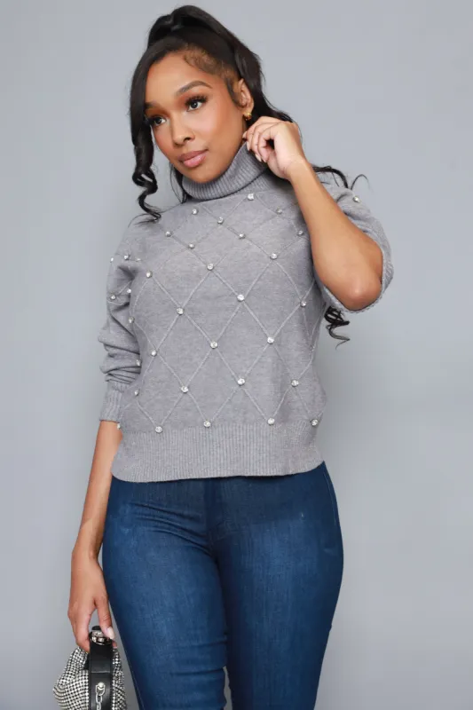 Blessed Rhinestone Embellished Turtleneck Sweater - Heather Grey sold by Swankaposh