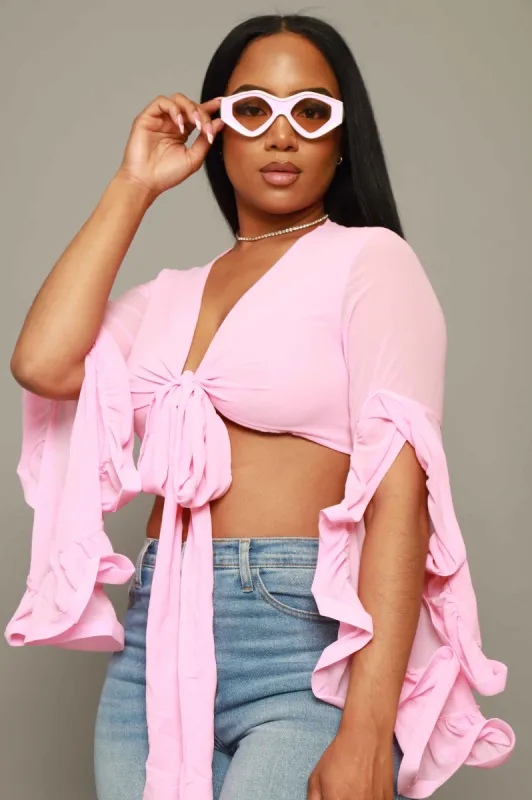 Malibu Babe Ruffled Sheer Crop Top - Pink sold by Swankaposh