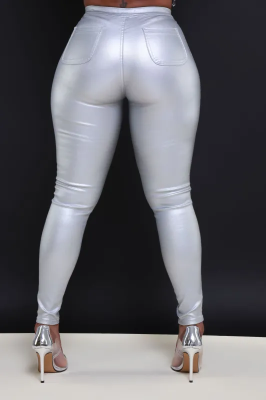 Coming In Hot High Rise Metallic Skinny Pants - Silver sold by Swankaposh