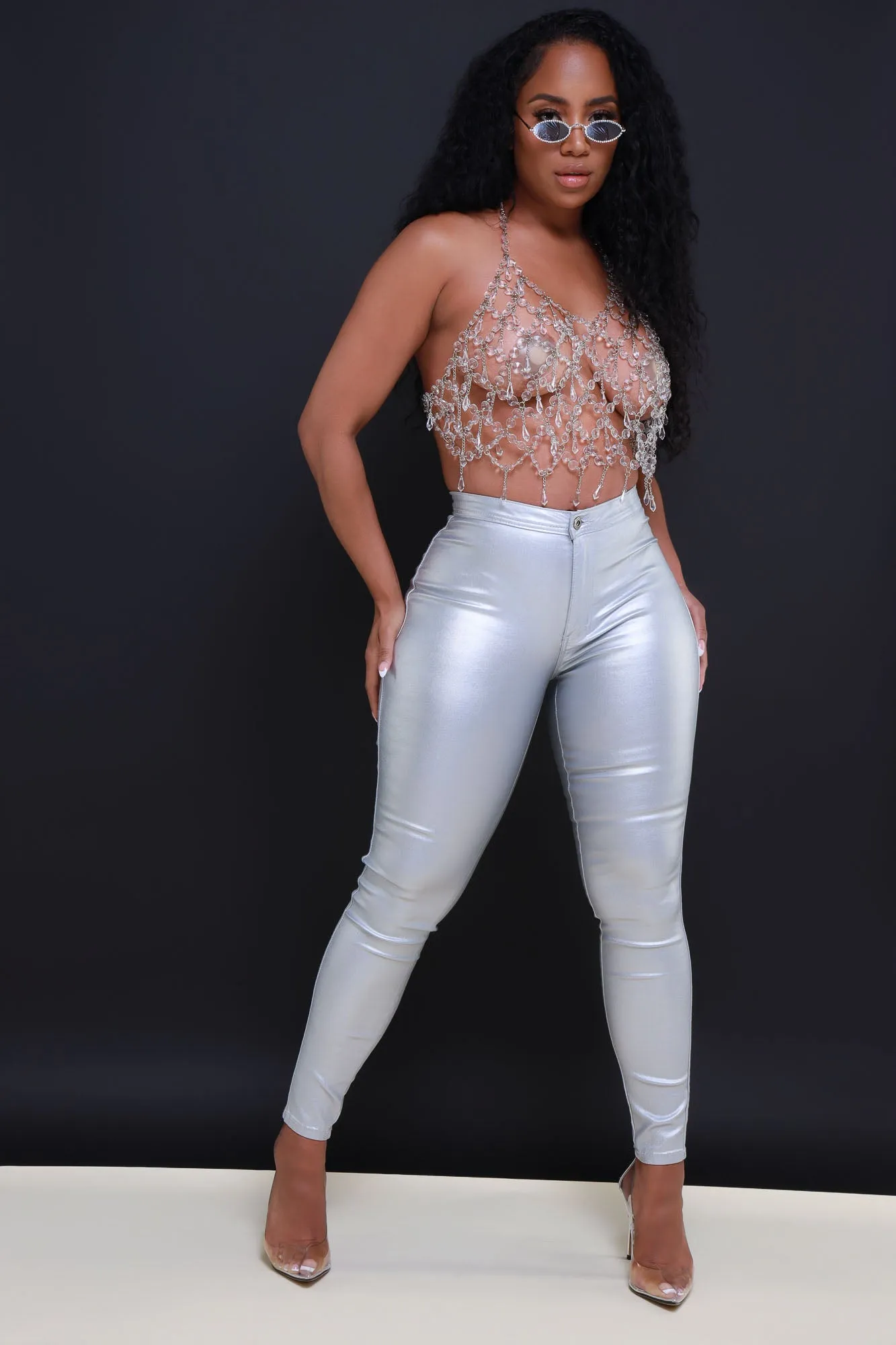 Coming In Hot High Rise Metallic Skinny Pants - Silver sold by Swankaposh product image thumbnail 4