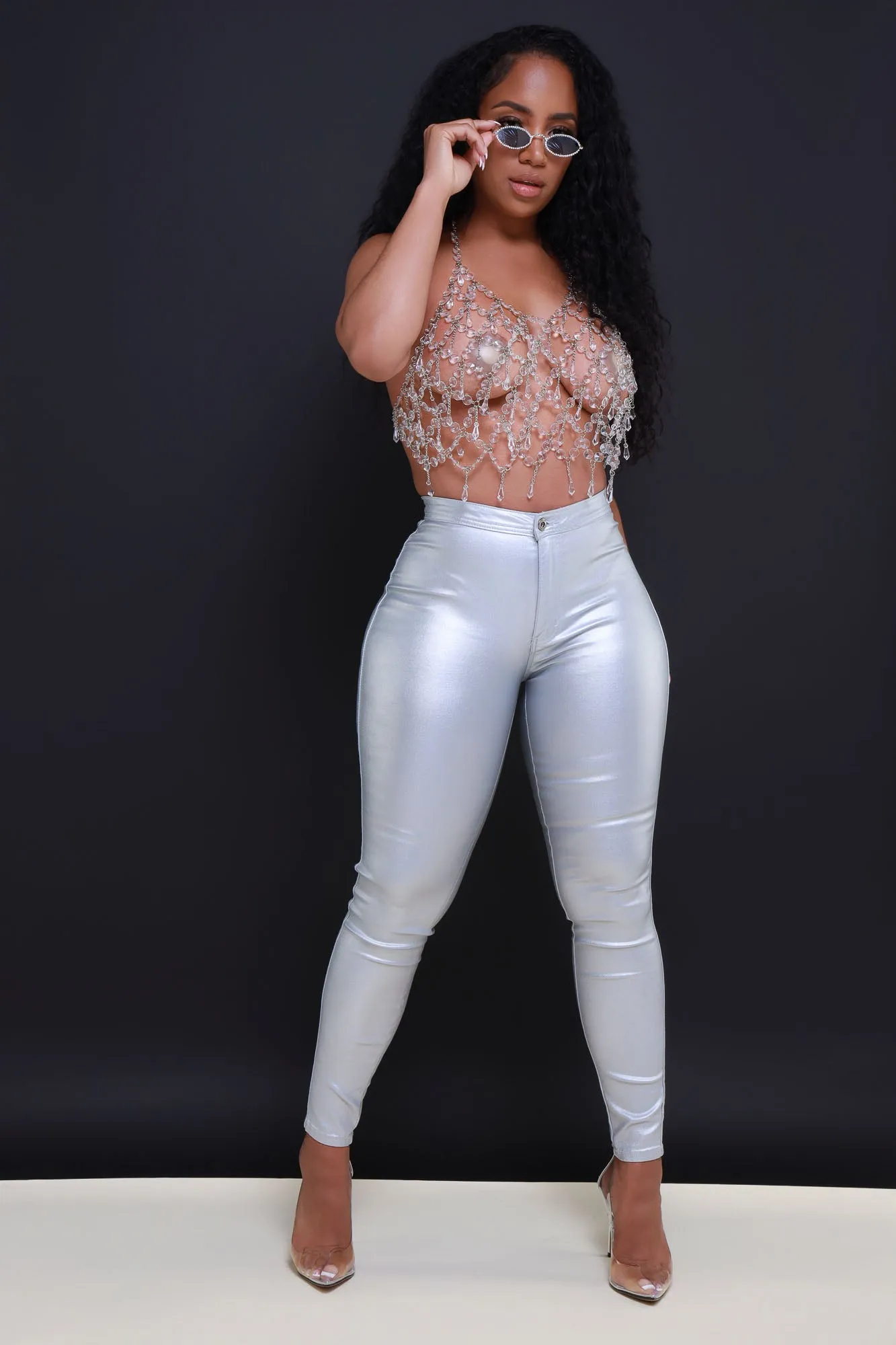 Coming In Hot High Rise Metallic Skinny Pants - Silver sold by Swankaposh product image thumbnail 2