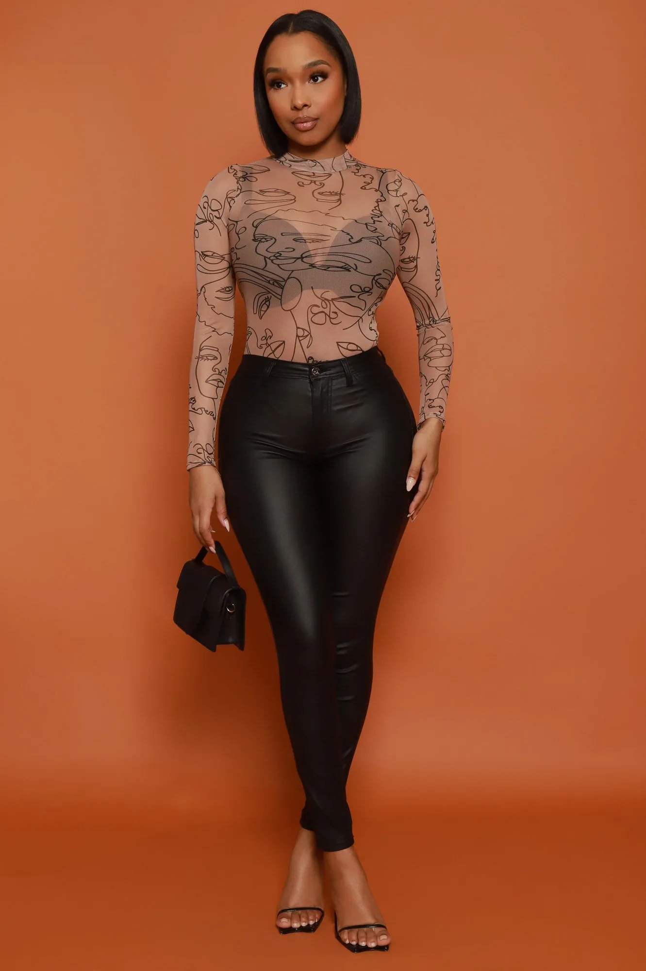 Share My Life Graphic Print Mesh Bodysuit - Taupe sold by Swankaposh product image thumbnail 3