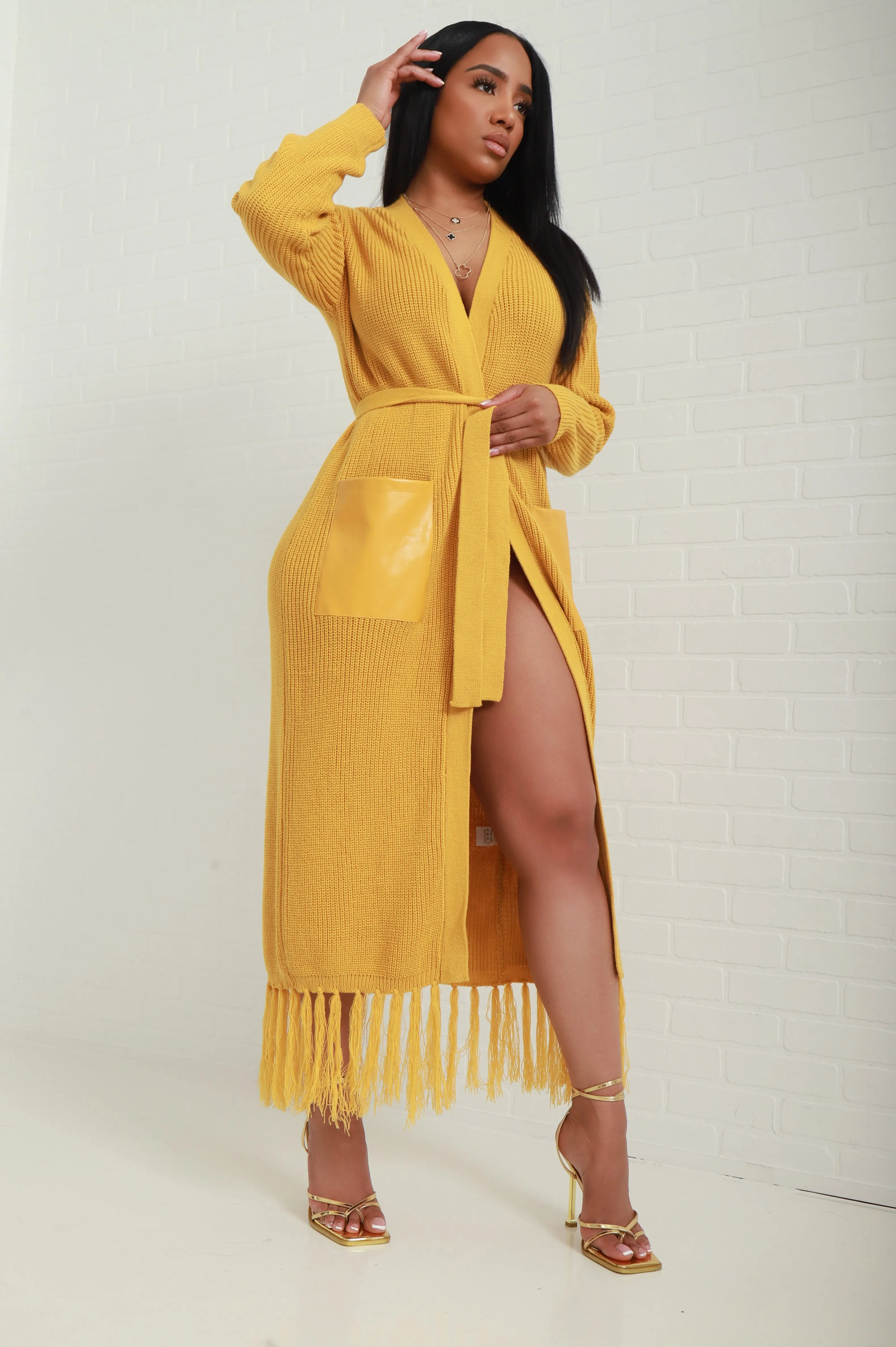 Under The Sun Belted Fringe Longline Cardigan - Mustard sold by Swankaposh product image thumbnail 3