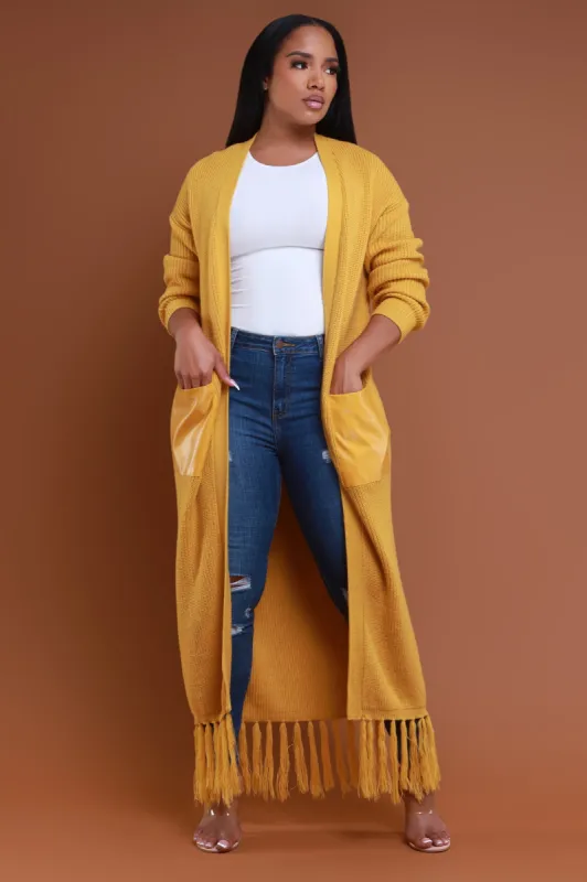 Under The Sun Belted Fringe Longline Cardigan - Mustard sold by Swankaposh