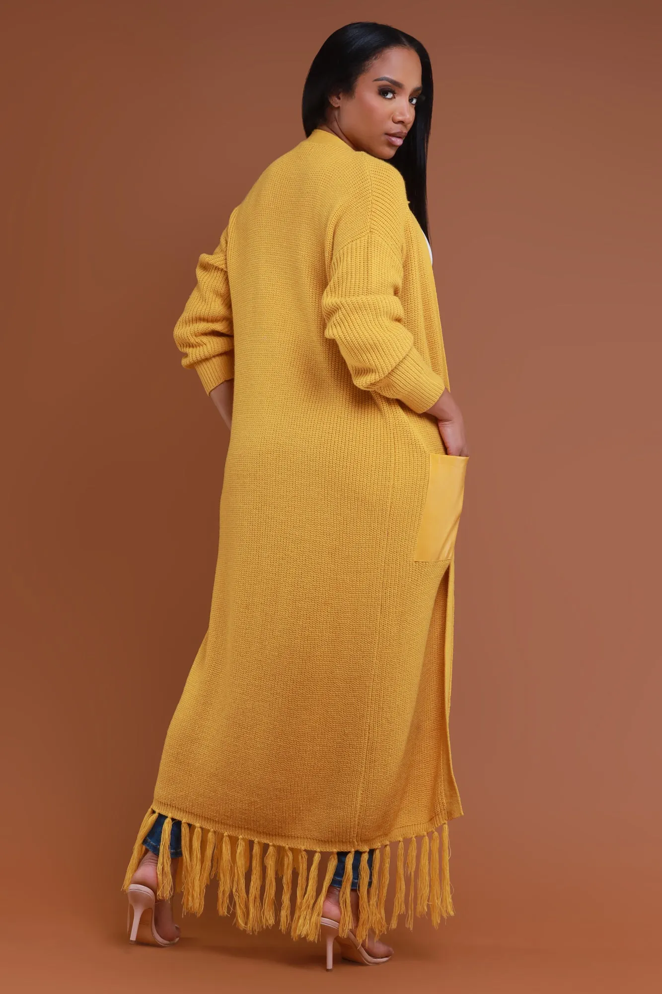 Under The Sun Belted Fringe Longline Cardigan - Mustard sold by Swankaposh product image thumbnail 2