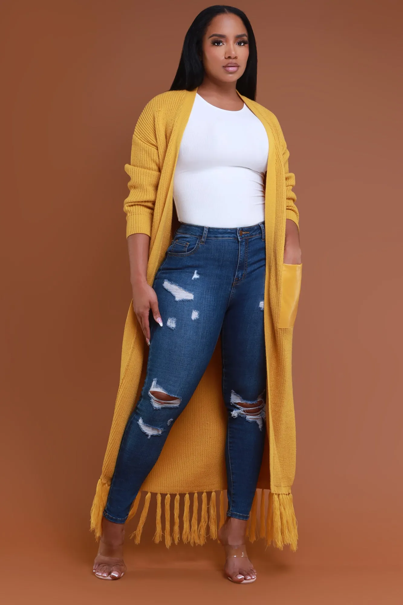 Under The Sun Belted Fringe Longline Cardigan - Mustard sold by Swankaposh product image thumbnail 4