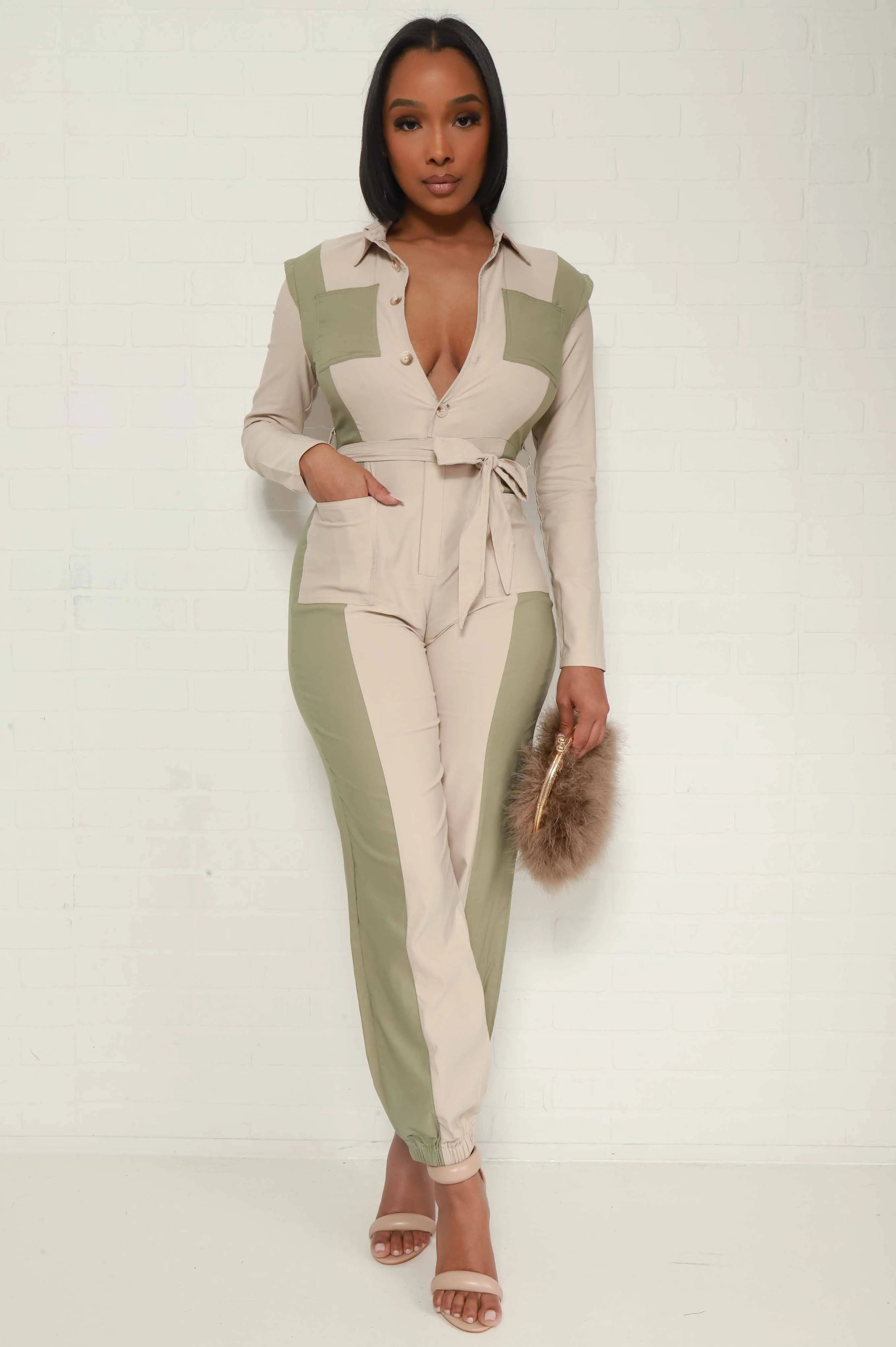 Self Love Two Toned Belted Jumpsuit - Taupe/Green sold by Swankaposh