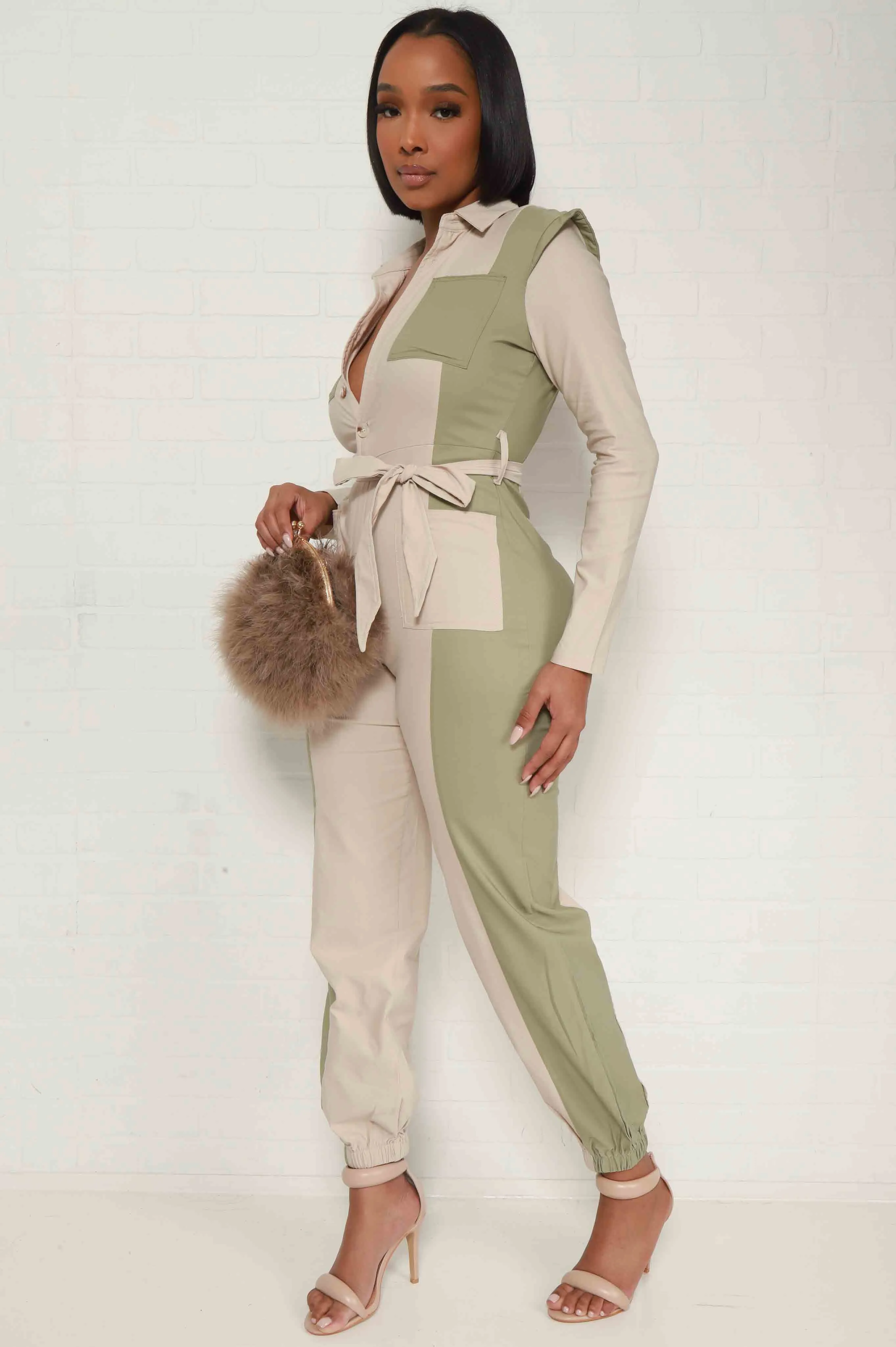 Self Love Two Toned Belted Jumpsuit - Taupe/Green sold by Swankaposh product image thumbnail 2