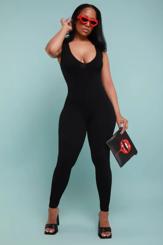 Iconic Sleeveless V-Neck Seamless Ribbed Jumpsuit - Black sold by Swankaposh