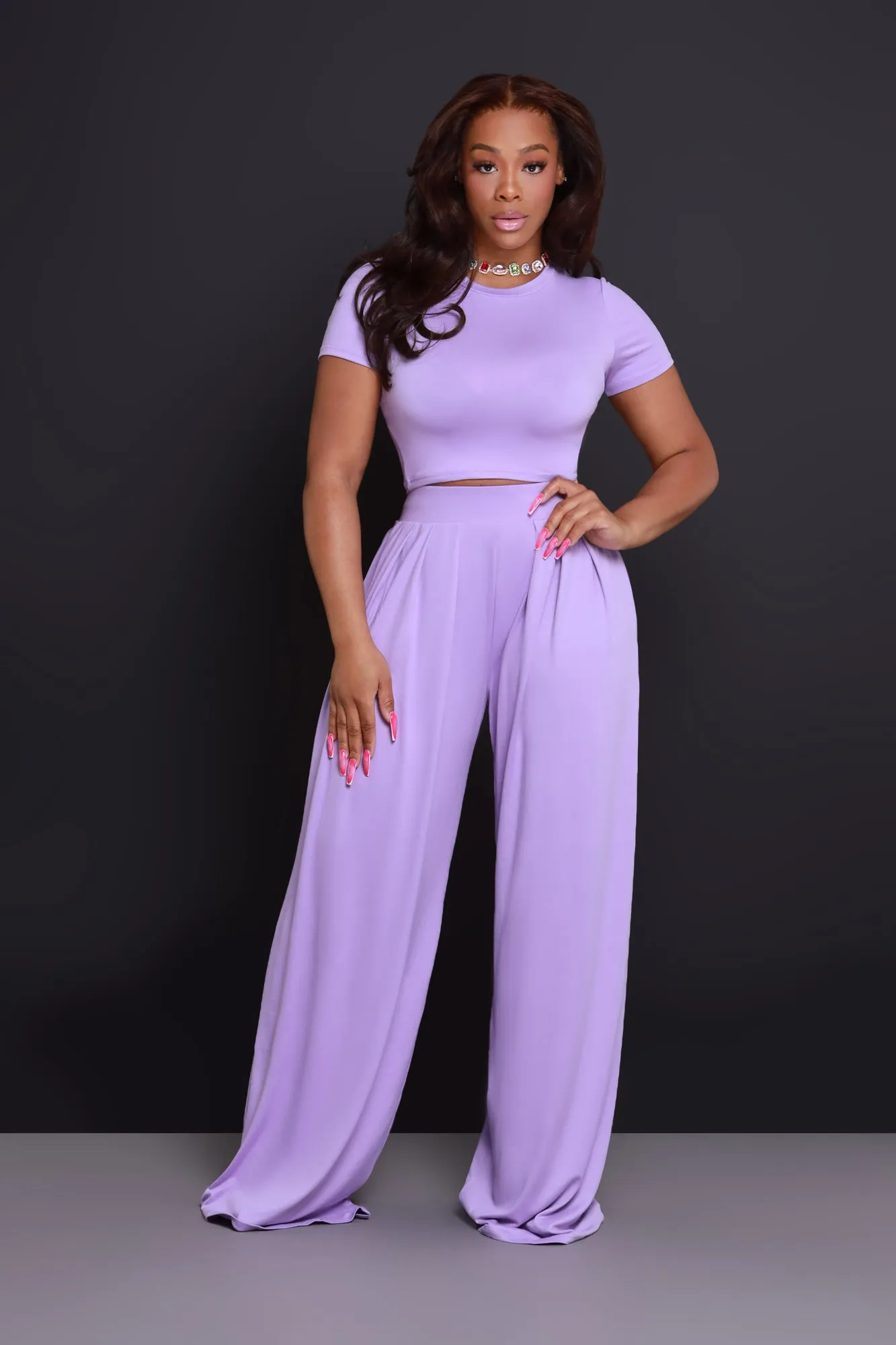 Full Attention Short Sleeve Palazzo Pants Set - Lilac sold by Swankaposh