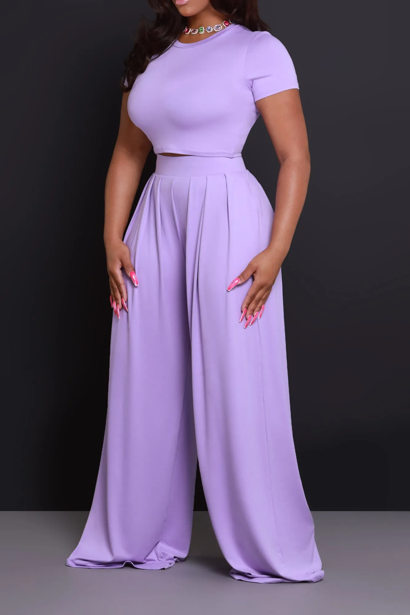 Full Attention Short Sleeve Palazzo Pants Set - Lilac sold by Swankaposh product image thumbnail 2