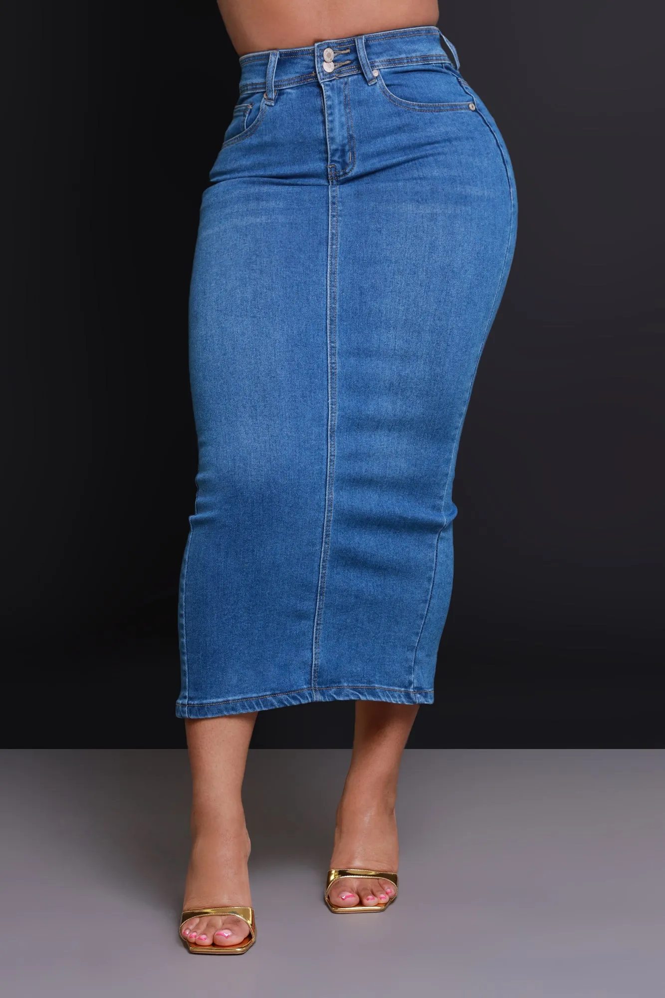 Sky High High Rise Denim Midi Skirt - Medium Wash sold by Swankaposh product image thumbnail 2
