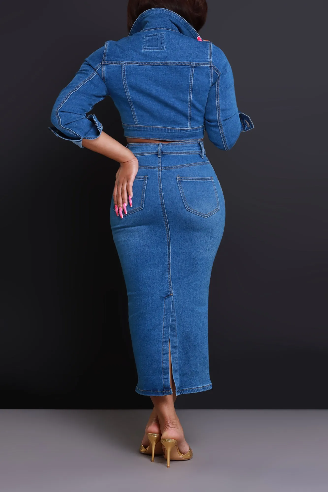 Sky High High Rise Denim Midi Skirt - Medium Wash sold by Swankaposh product image thumbnail 5