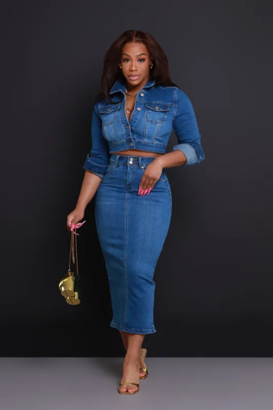 Sky High High Rise Denim Midi Skirt - Medium Wash sold by Swankaposh