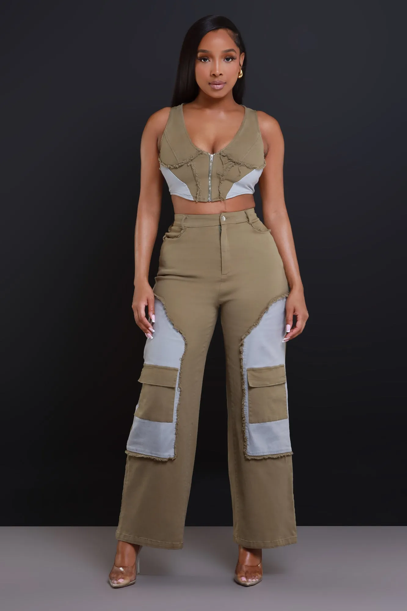 Larger Than Life Cropped Cargo Pants Set - Olive Green sold by Swankaposh product image thumbnail 2