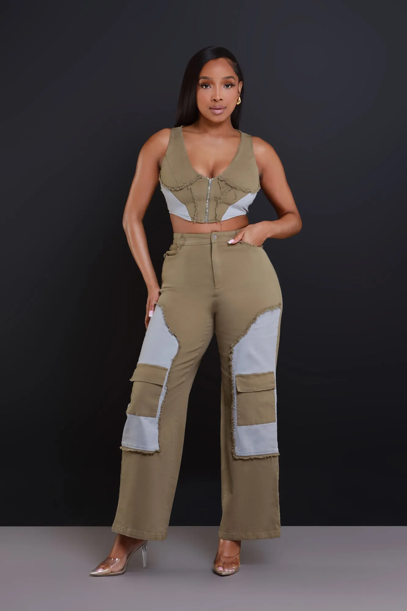 Larger Than Life Cropped Cargo Pants Set - Olive Green sold by Swankaposh