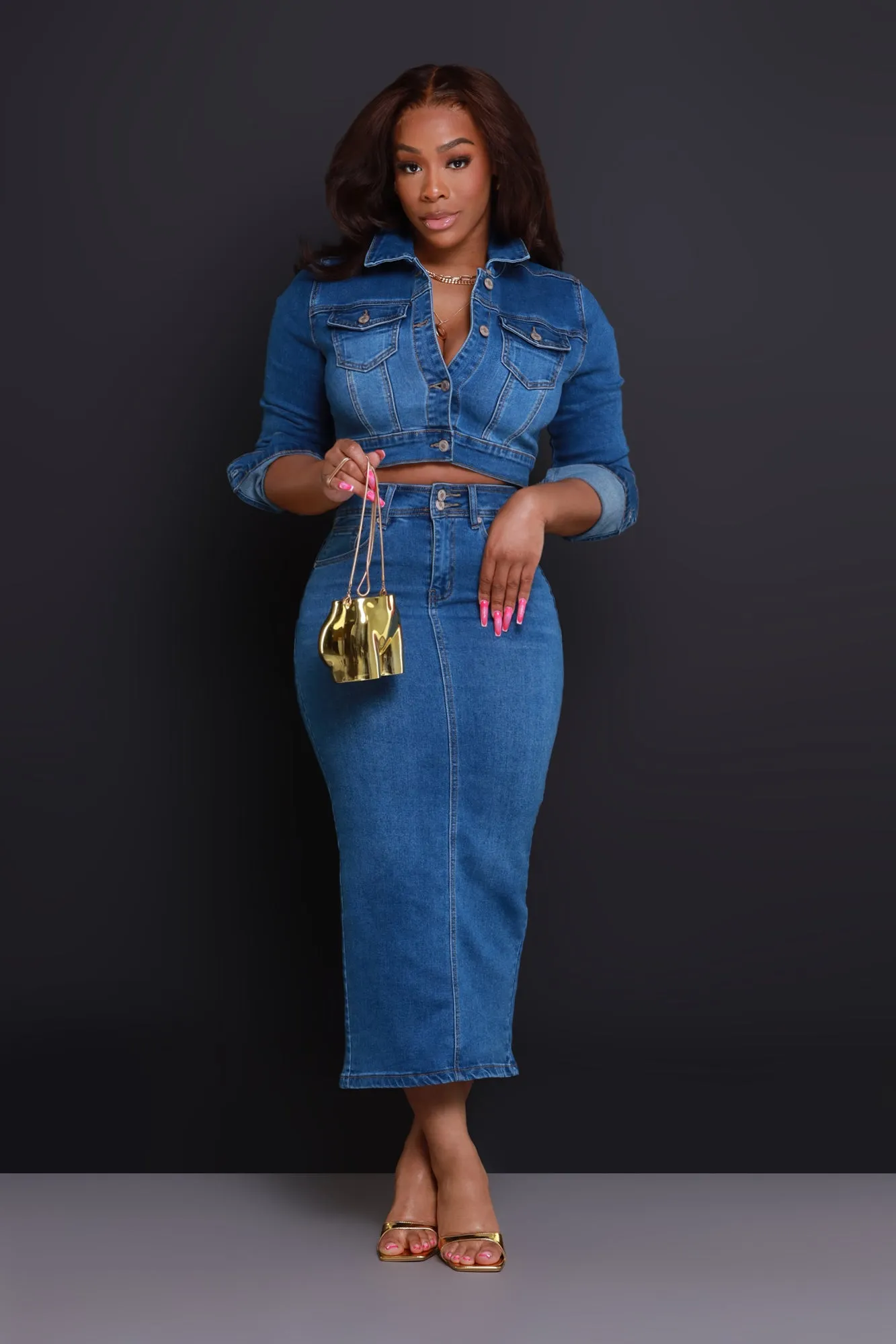Sky High High Rise Denim Midi Skirt - Medium Wash sold by Swankaposh product image thumbnail 4
