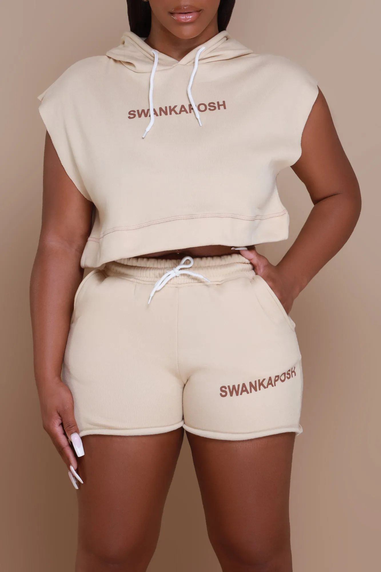 Swankaposh Logo Cropped Sleeveless Hoodie - Khaki/Brown sold by Swankaposh product image thumbnail 5