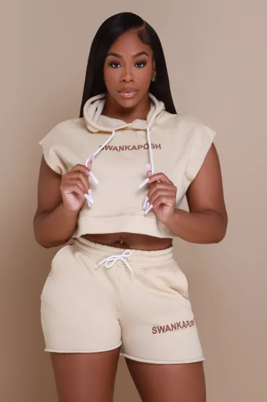 Swankaposh Logo Cropped Sleeveless Hoodie - Khaki/Brown made by Swankaposh