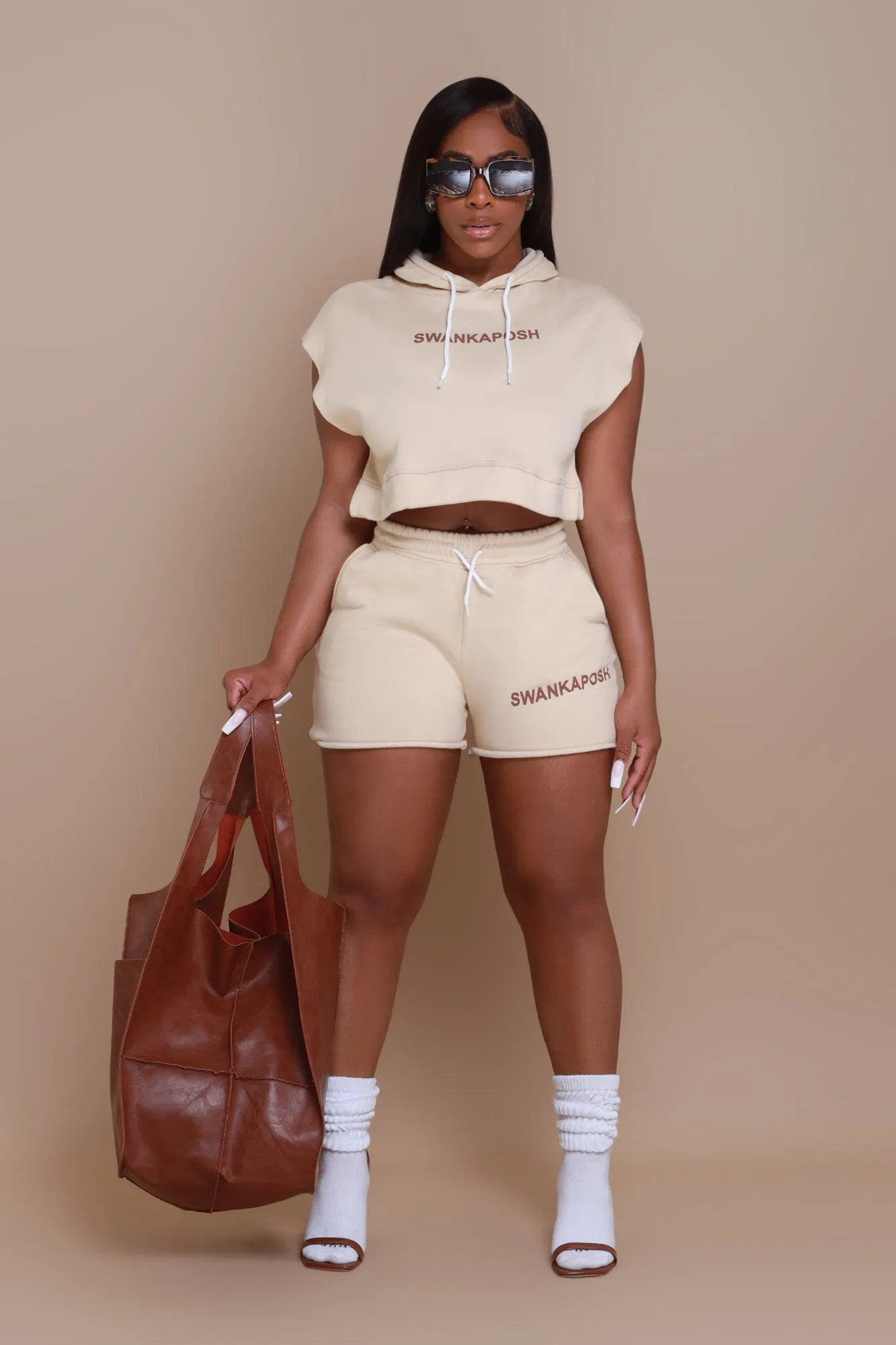 Swankaposh Logo Cropped Sleeveless Hoodie - Khaki/Brown sold by Swankaposh product image thumbnail 2