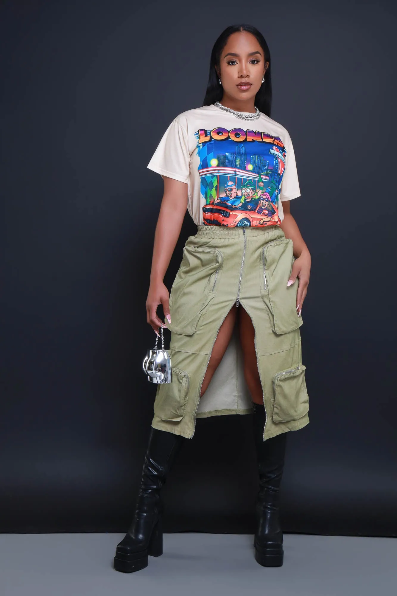 Get Busy Zippered Cargo Midi Skirt - Green sold by Swankaposh product image thumbnail 3