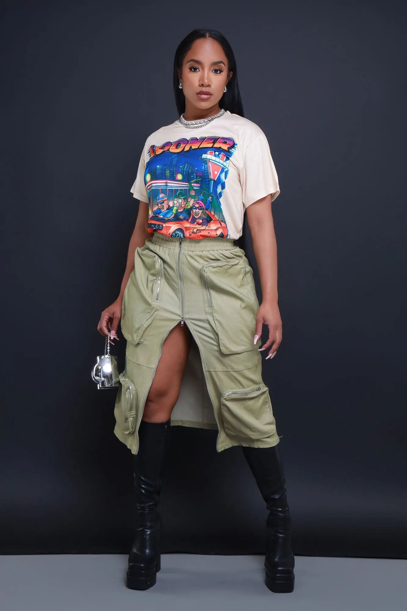 Get Busy Zippered Cargo Midi Skirt - Green sold by Swankaposh