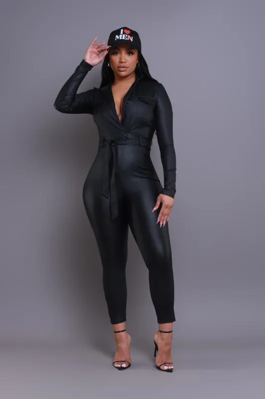 On Your Mark Coated Jumpsuit - Black sold by Swankaposh