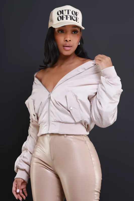 Stay Mad Ruched Bomber Jacket - Cream sold by Swankaposh