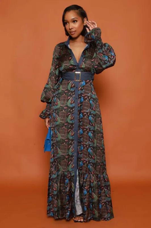 Free Bird Multicolor Belted Maxi Dress - Blue sold by Swankaposh