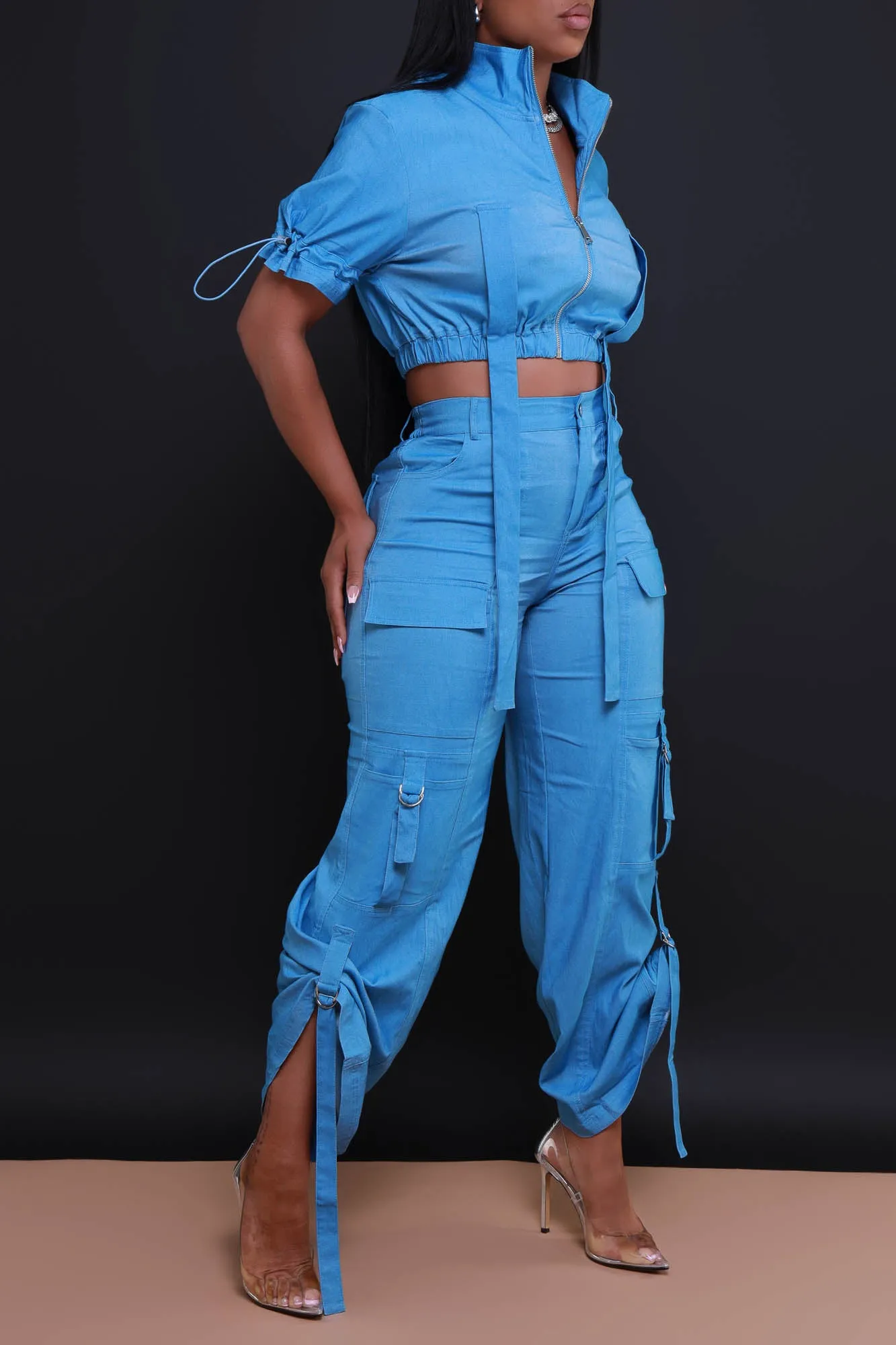 Runner Up Cropped Cargo Pants Set - Blue Denim sold by Swankaposh