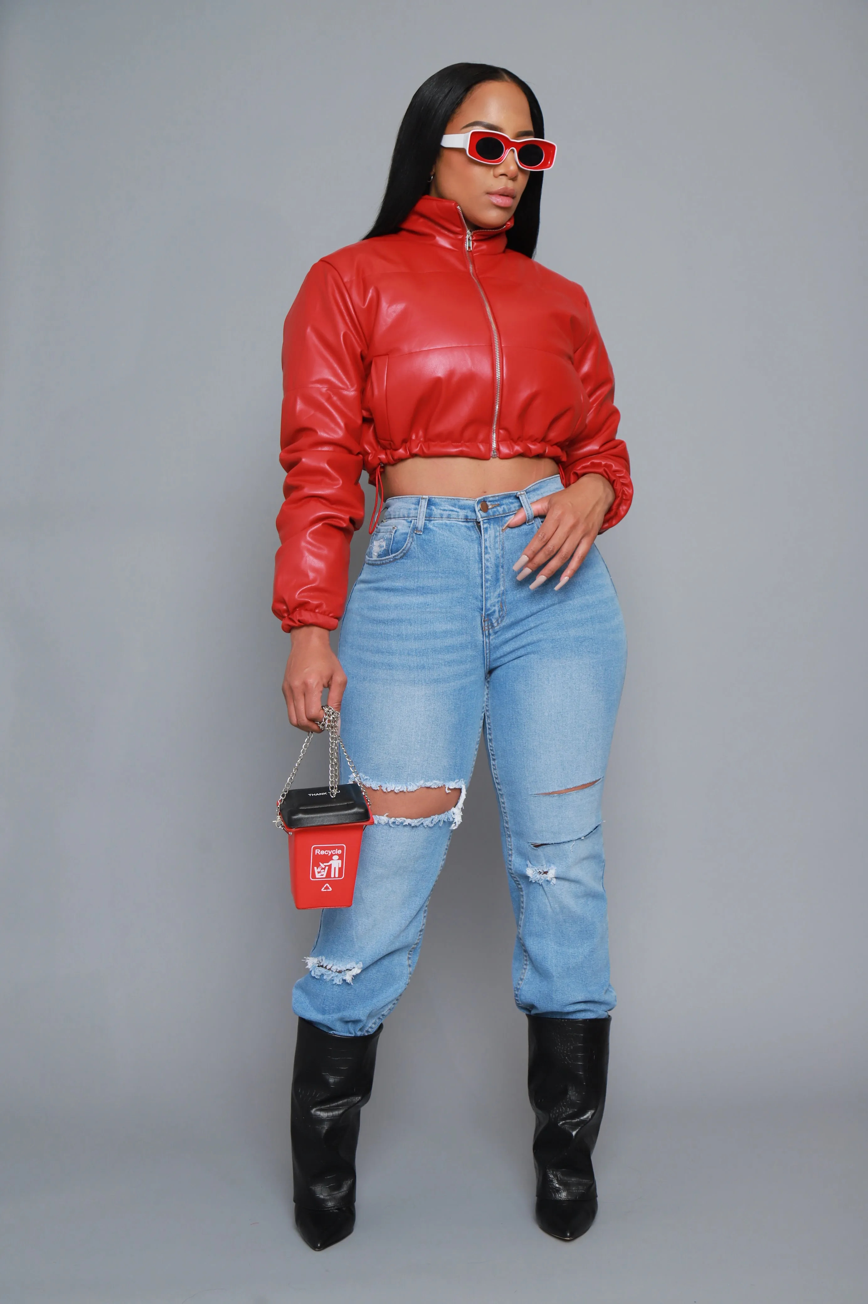 Gotta Roll Cropped Faux Leather Puffer Jacket - Red sold by Swankaposh product image thumbnail 5