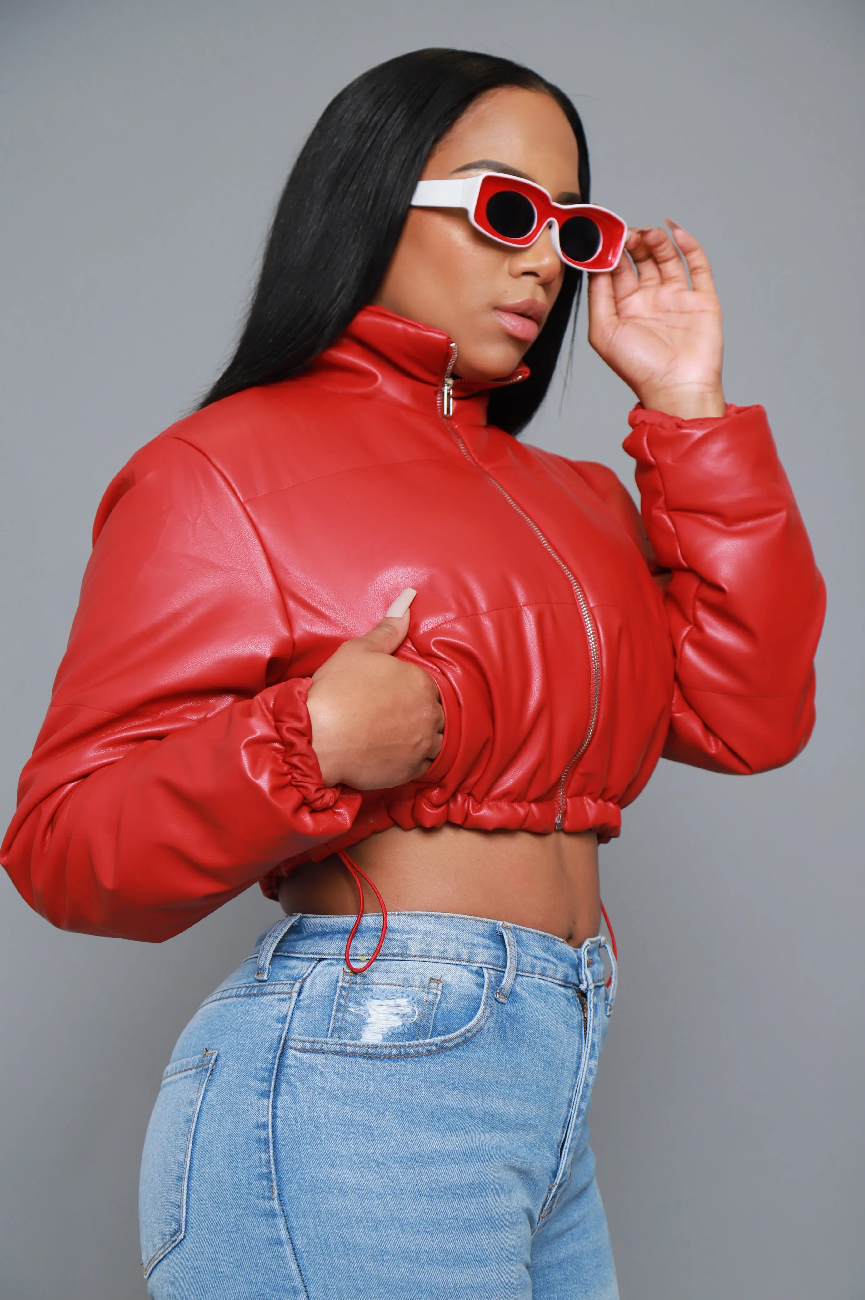 Gotta Roll Cropped Faux Leather Puffer Jacket - Red sold by Swankaposh product image thumbnail 4