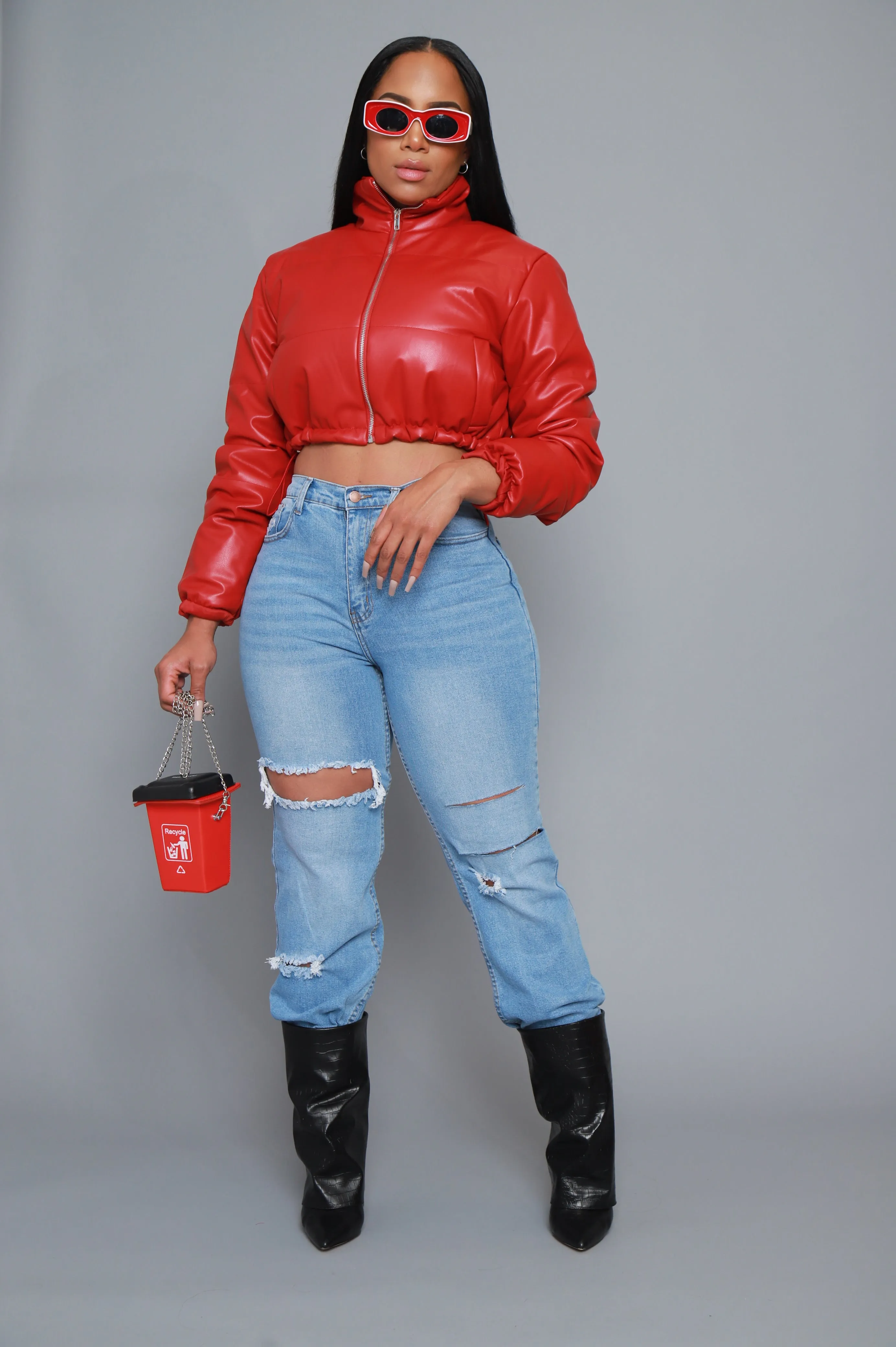 Gotta Roll Cropped Faux Leather Puffer Jacket - Red sold by Swankaposh product image thumbnail 2