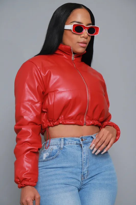 Gotta Roll Cropped Faux Leather Puffer Jacket - Red sold by Swankaposh