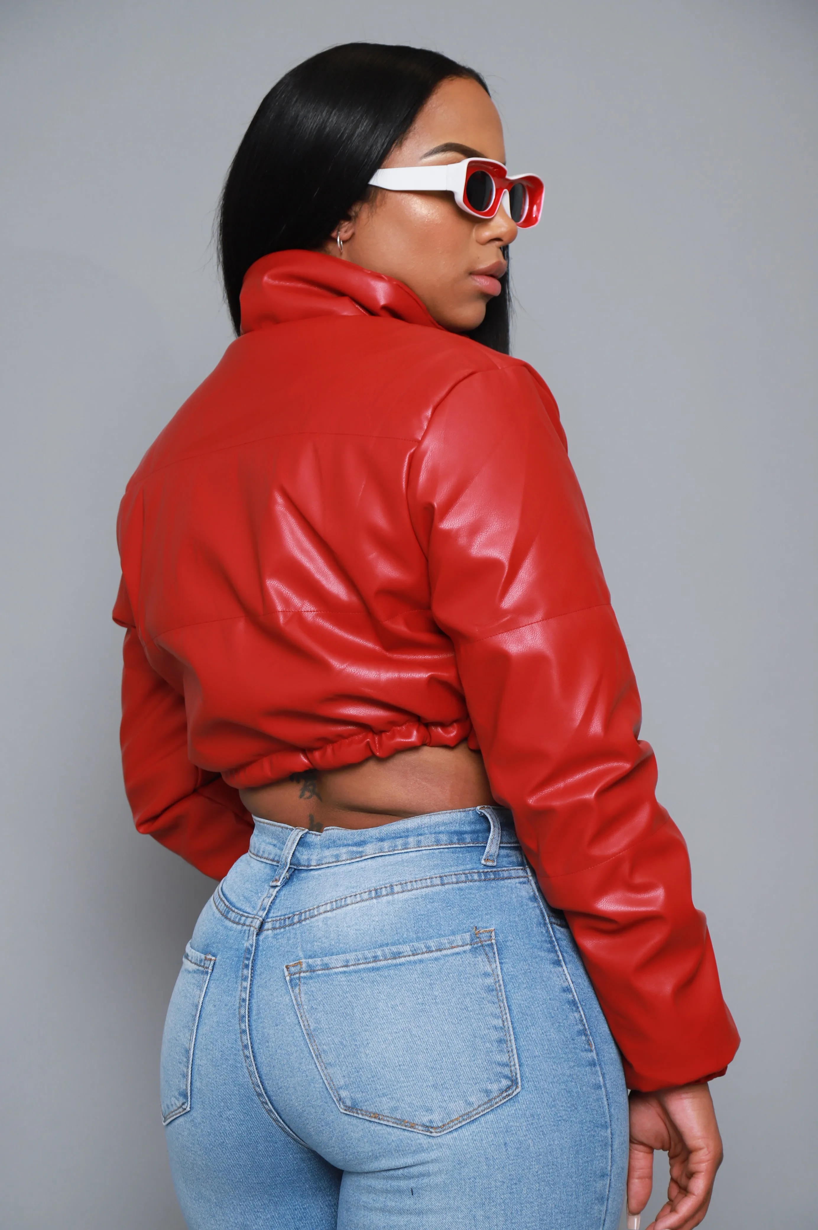 Gotta Roll Cropped Faux Leather Puffer Jacket - Red sold by Swankaposh product image thumbnail 3