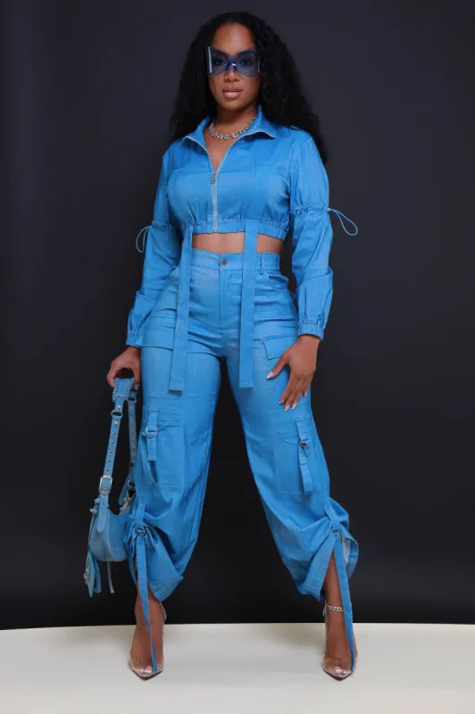 Fire Me Up Cropped Cargo Pants Set - Medium Wash Denim sold by Swankaposh