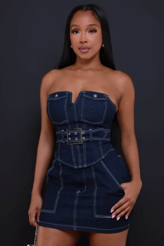 Getting Late Belted Corset Denim Skirt Set - Dark Wash sold by Swankaposh