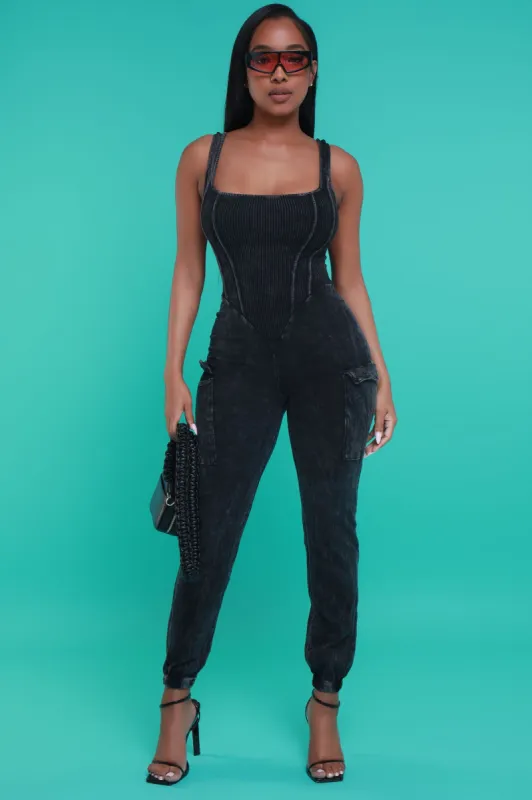 Sidetracked Sleeveless Cargo Jumpsuit - Black Mineral Wash sold by Swankaposh