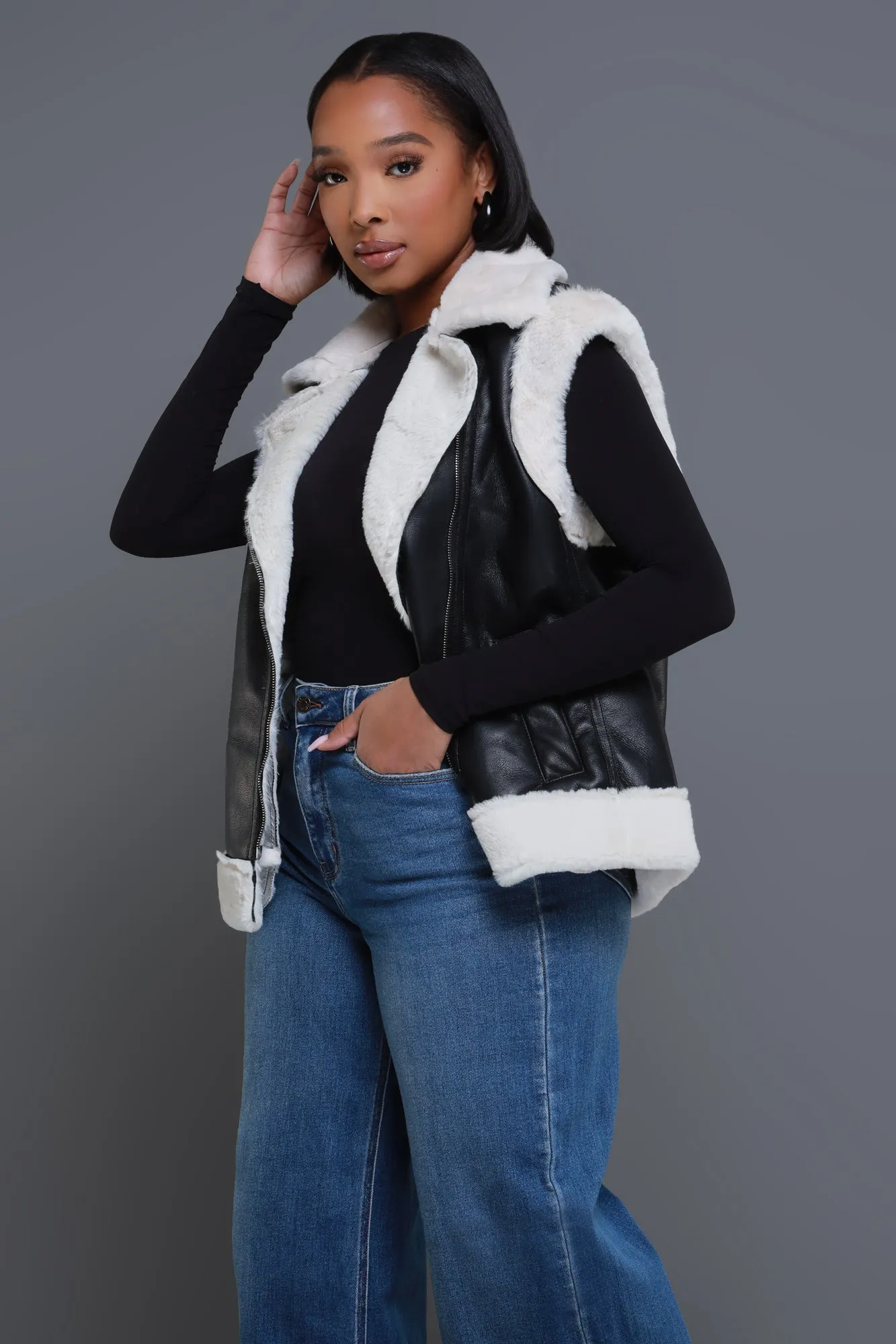 Be Quiet Faux Leather Sherpa Vest - Black/Cream sold by Swankaposh product image thumbnail 5