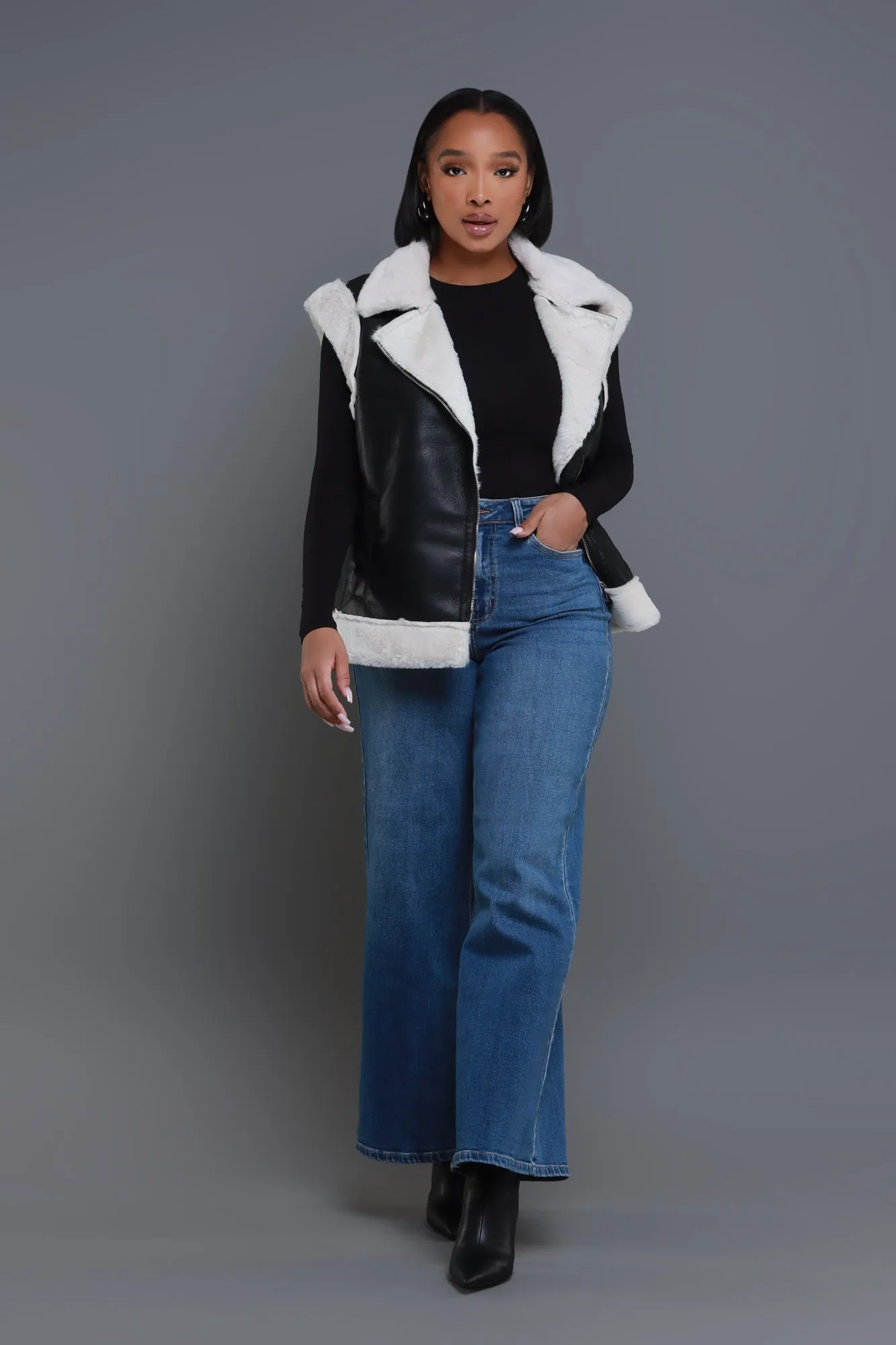 Be Quiet Faux Leather Sherpa Vest - Black/Cream sold by Swankaposh product image thumbnail 4