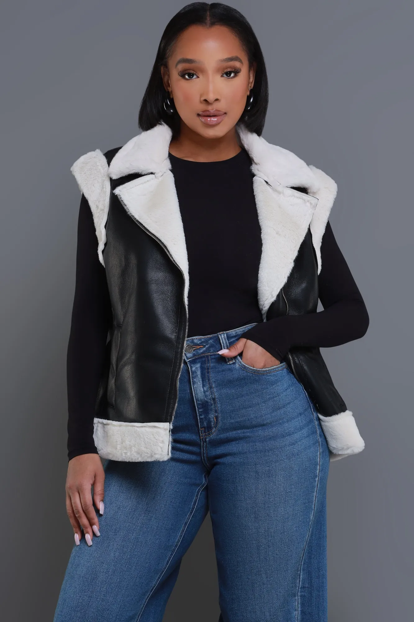 Be Quiet Faux Leather Sherpa Vest - Black/Cream sold by Swankaposh product image thumbnail 2