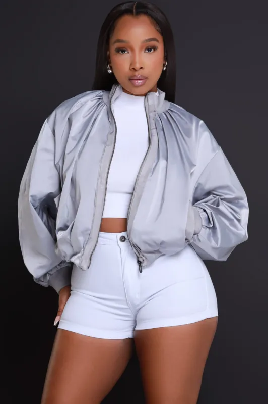 Stay Focused Satin Bomber Jacket - Grey sold by Swankaposh