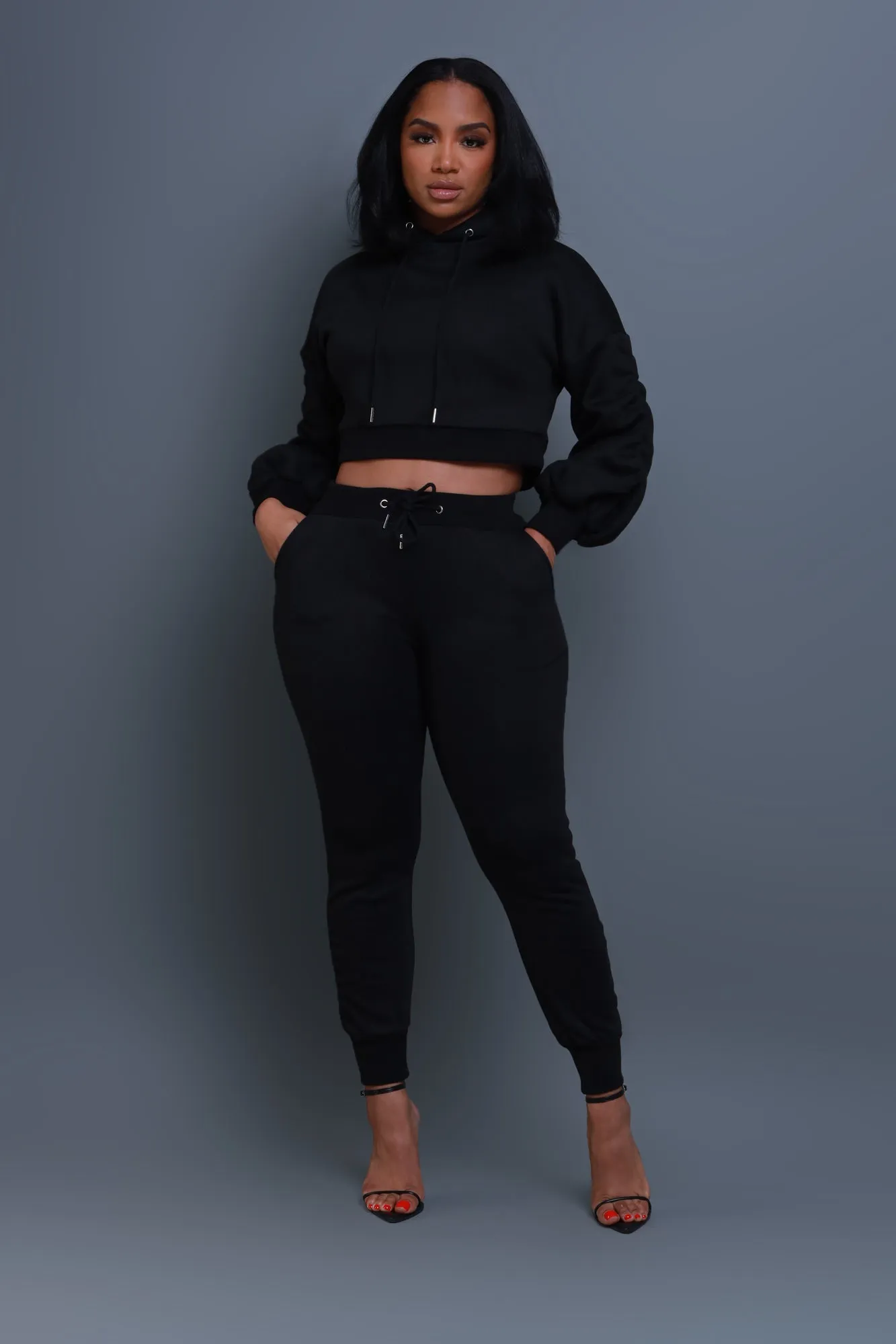 Who Said Ruched Hooded Jogger Set - Black sold by Swankaposh