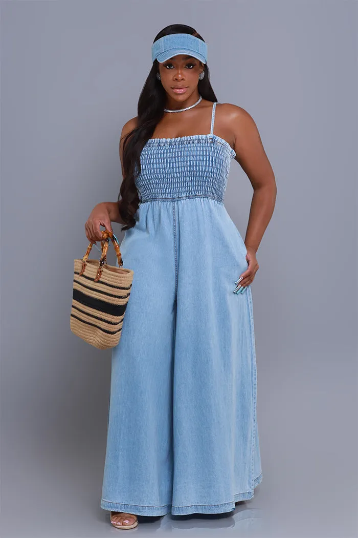 Hangout Smocked Wide Leg Jumpsuit - Light Blue sold by Swankaposh