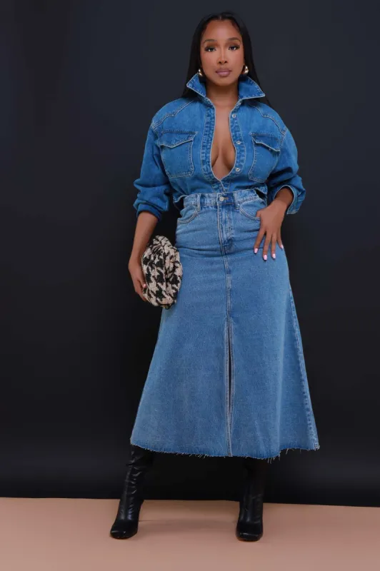 Carried Away Flared Denim Maxi Skirt - Light Wash sold by Swankaposh
